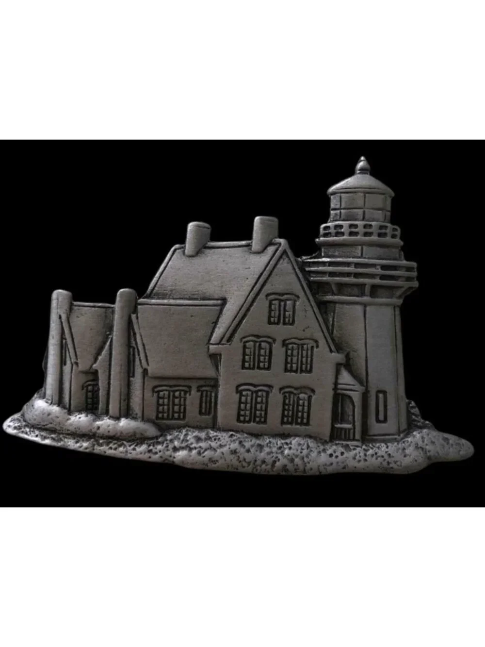 JJ Jonette Guiding Light Lighthouse Cottage Pin Brooch Pewter Signed 1 3/4